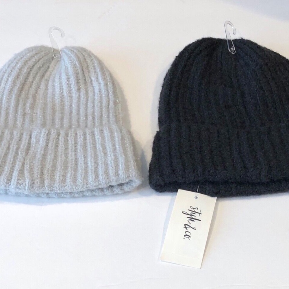 (NWT) 2 Style&Co Women's Black & Gray Ribbed Cuffed Stretch Beanie Hats OS